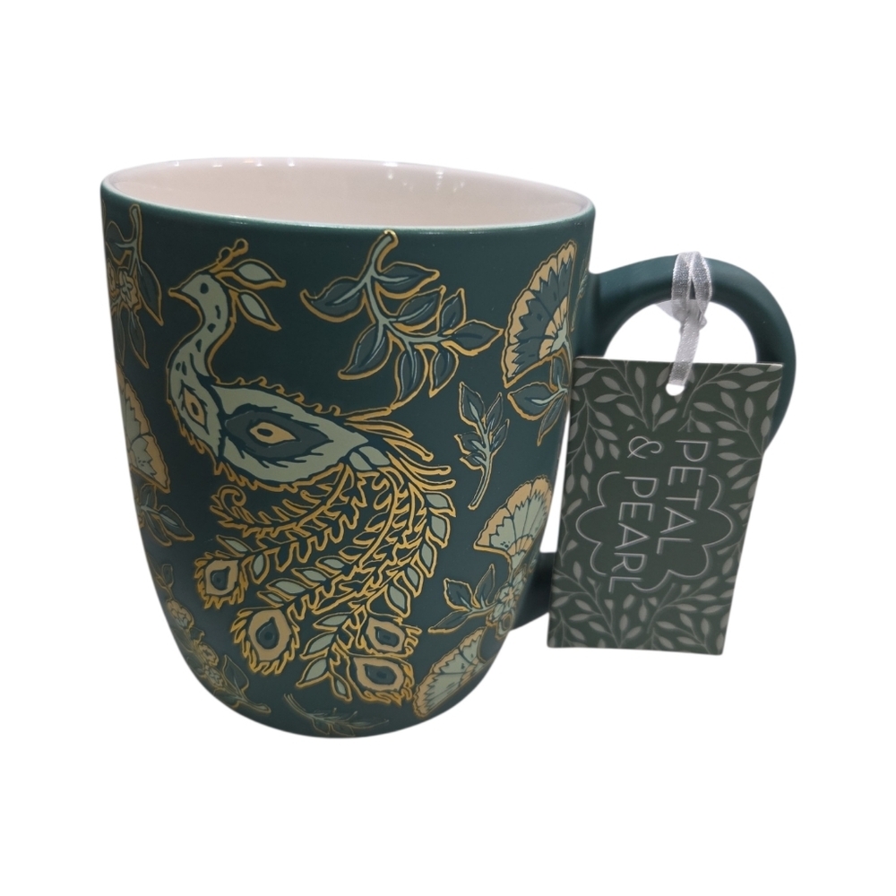 💚🦚🔹️petal & Pearl 🔹️beautiful  Peacock Print Floral  Green 17oz  Ceramic Mug